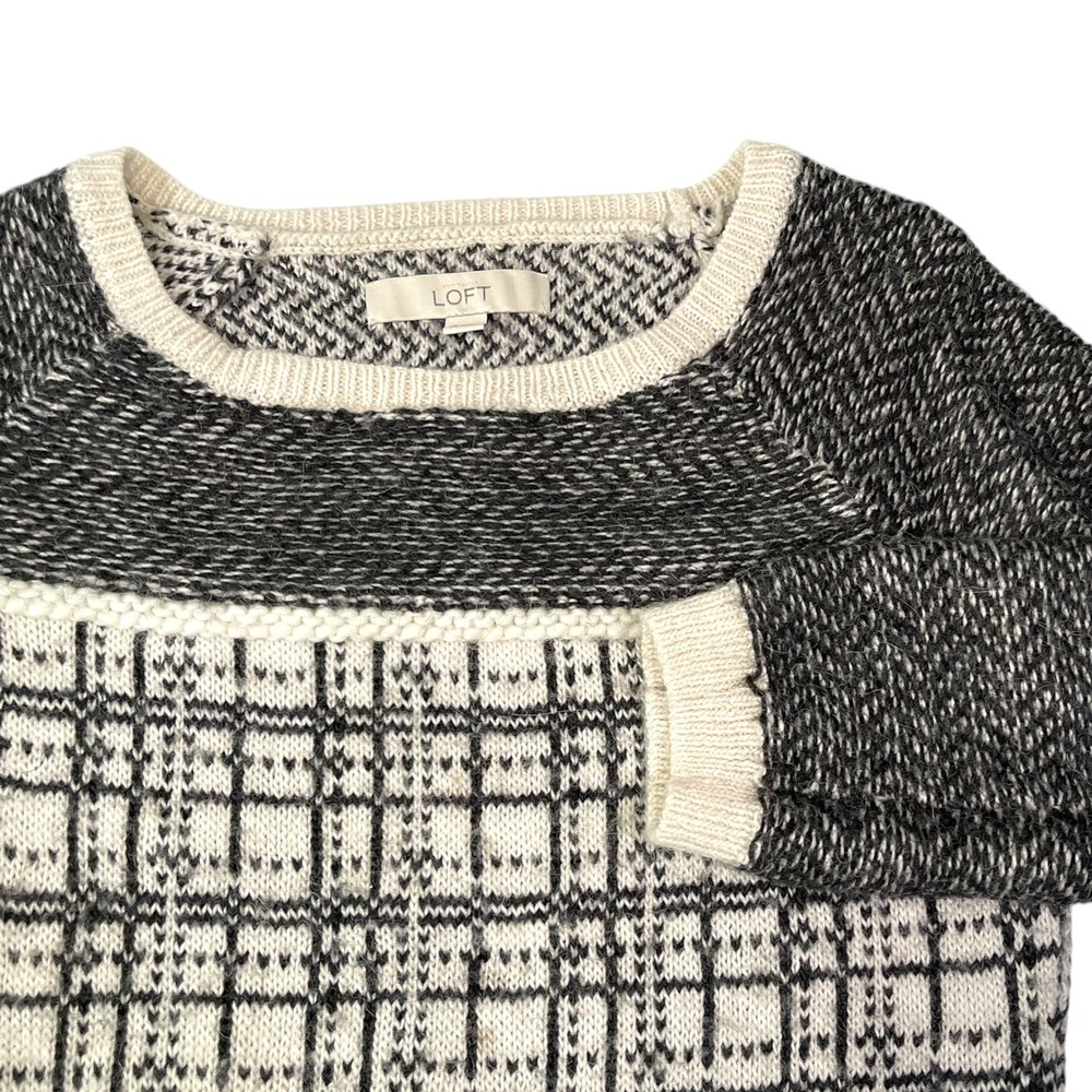 Vintage LOFT XS‎ Black White Plaid Raglan Crewneck Sweater Windowpane Preppy